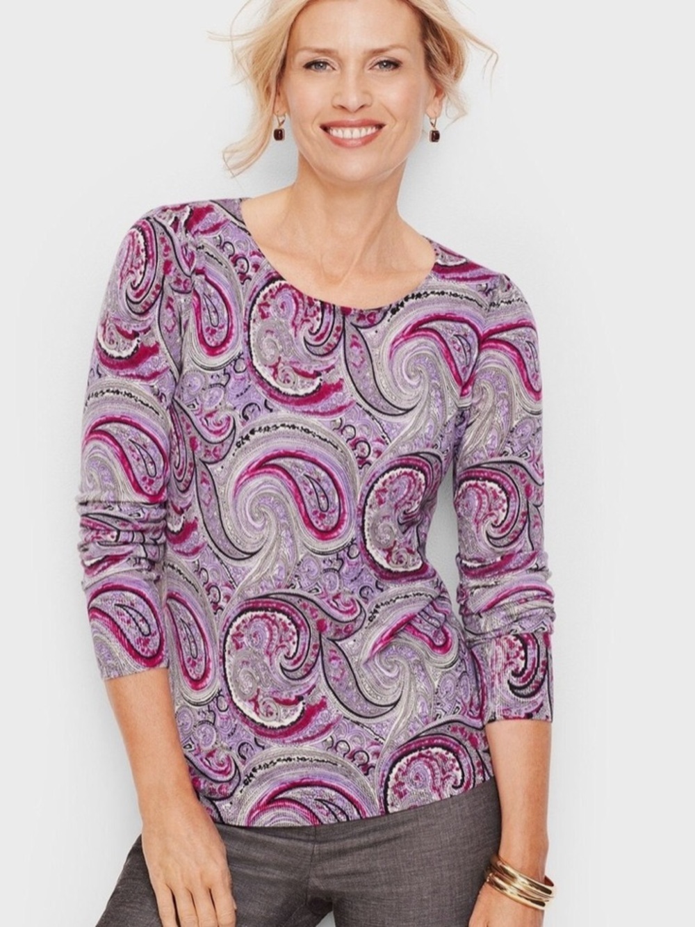 TALBOTS- PURE MERINO WOOL Paisley Long-Sleeve SWEATER Top in Purple & Pink